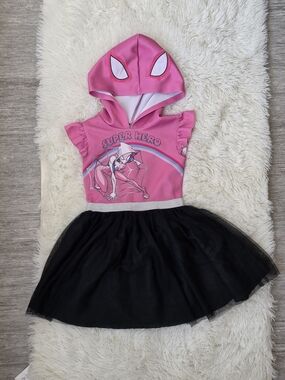 Marvel Girls Pink and Black Superhero Hooded Tutu Dress